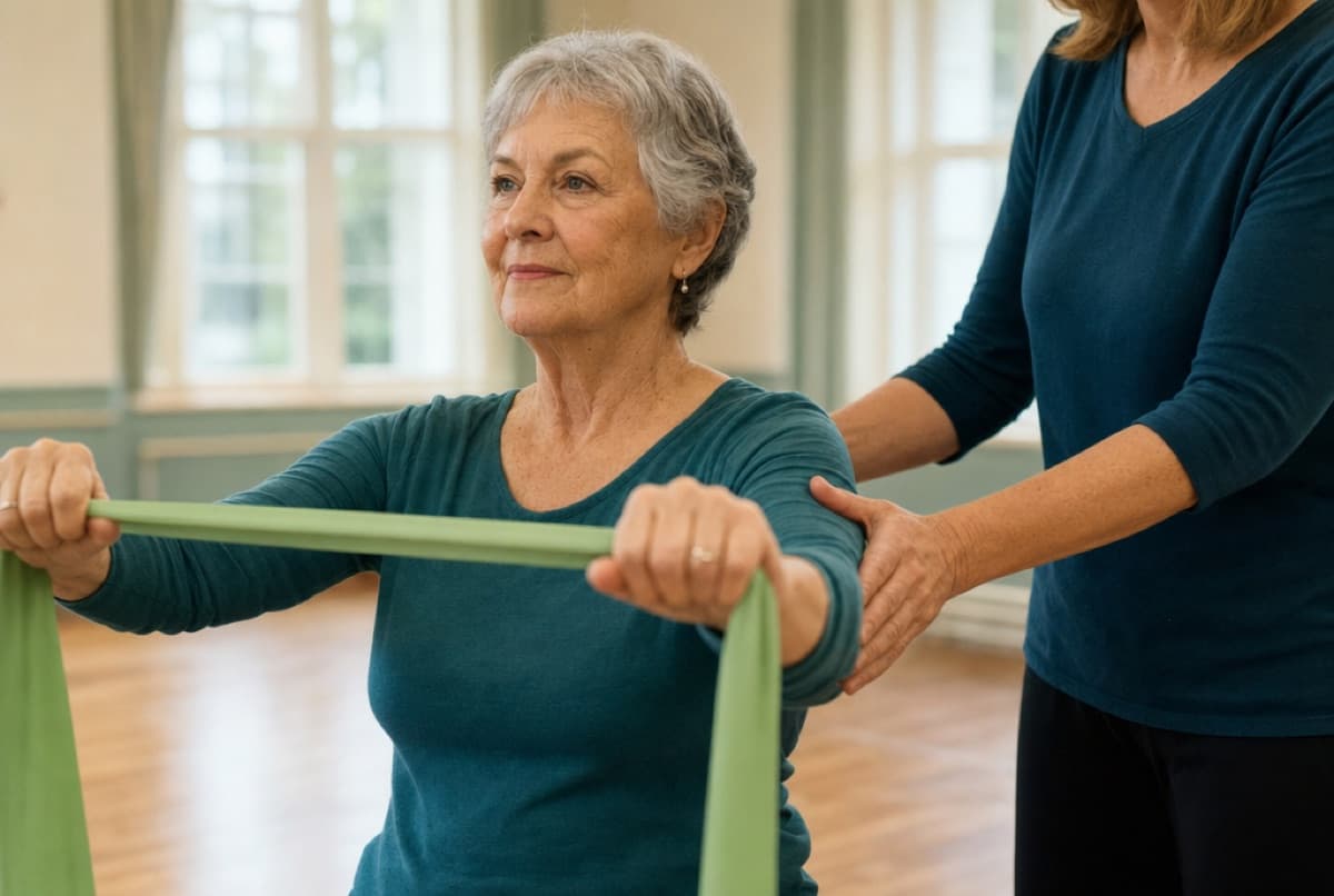 A teacher's hands gently supporting a woman's arm as she stretches a resistance band during a rehabilitation session