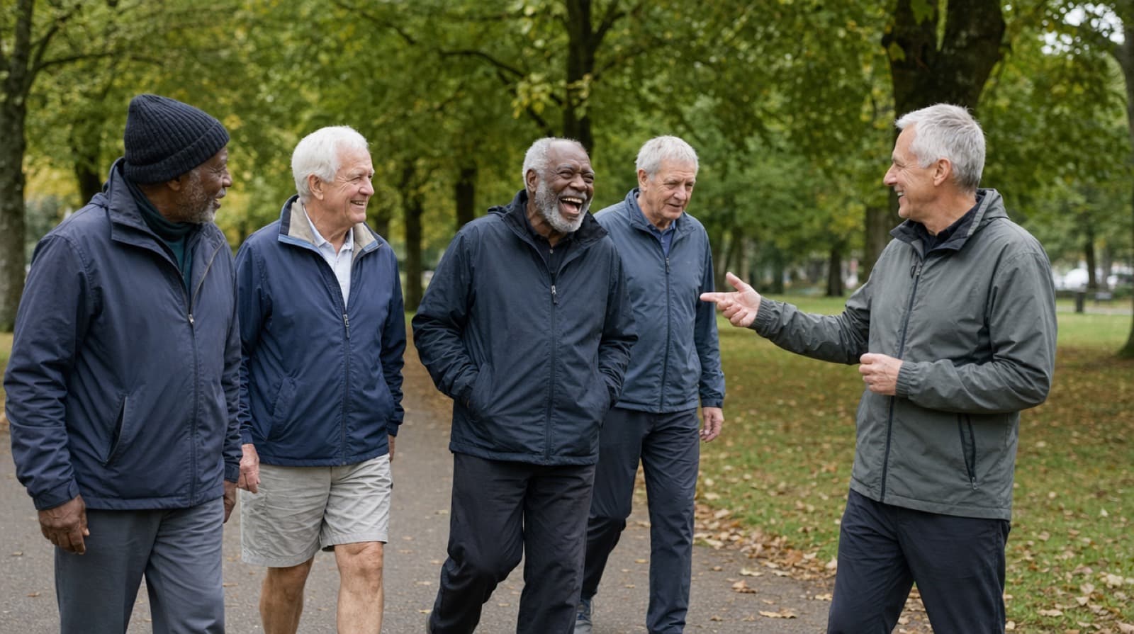 A P.A.L.S. walking session: a small group of older men in walking jackets talking with an instructor along a tree-lined park path