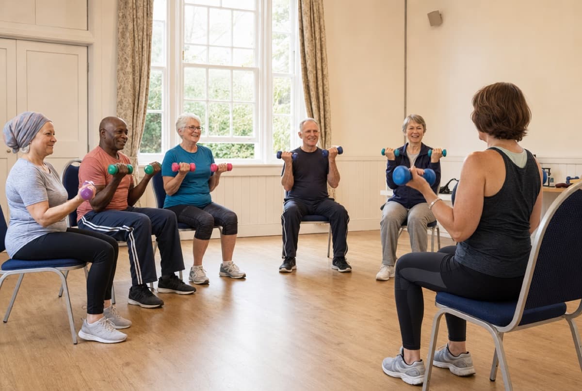 A seated gentle exercise class for adults recovering from cancer in a bright community hall, an instructor demonstrating at the front