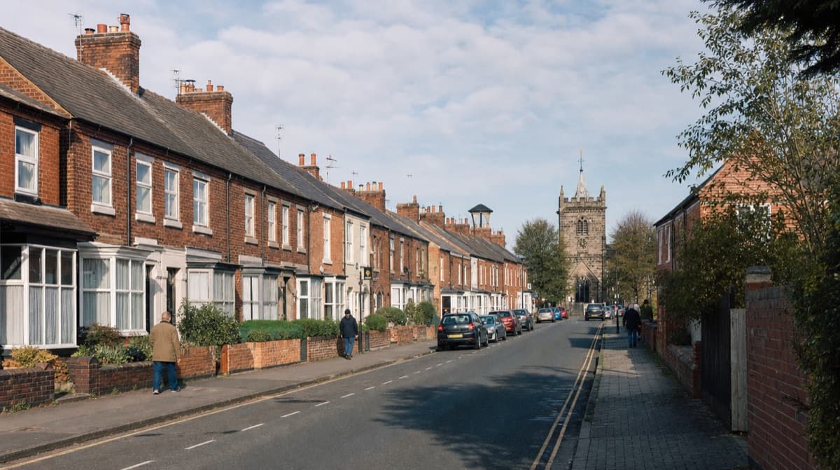 Red-brick terraced houses on Measham high street in North West Leicestershire on a bright morning, with a church tower in the distance
