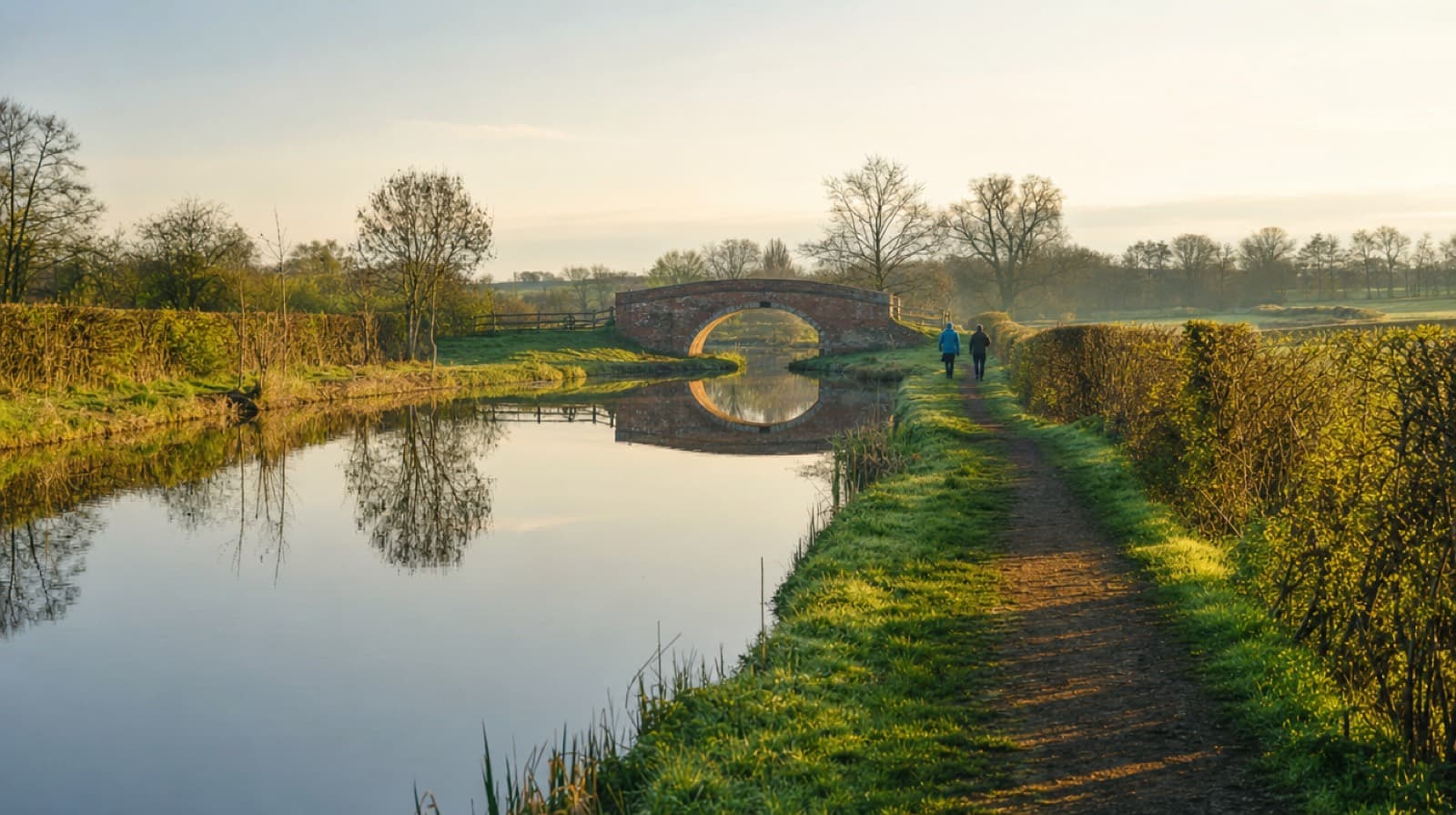 Early morning on the Ashby Canal towpath near Measham: still water, a small brick bridge and flat Leicestershire farmland beyond